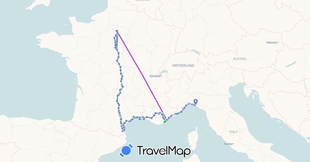 TravelMap itinerary: driving, bus, cycling, train, boat in France, Italy, Monaco (Europe)